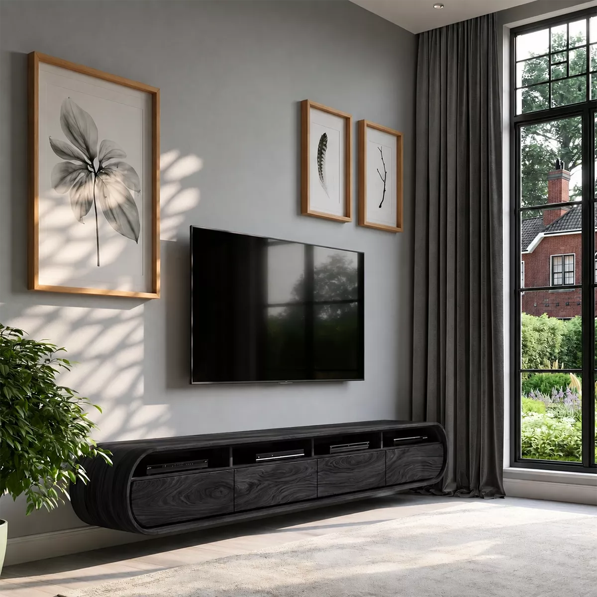 Floating Solid Wood TV Stand With Rounded Capsule Frame For Living Room