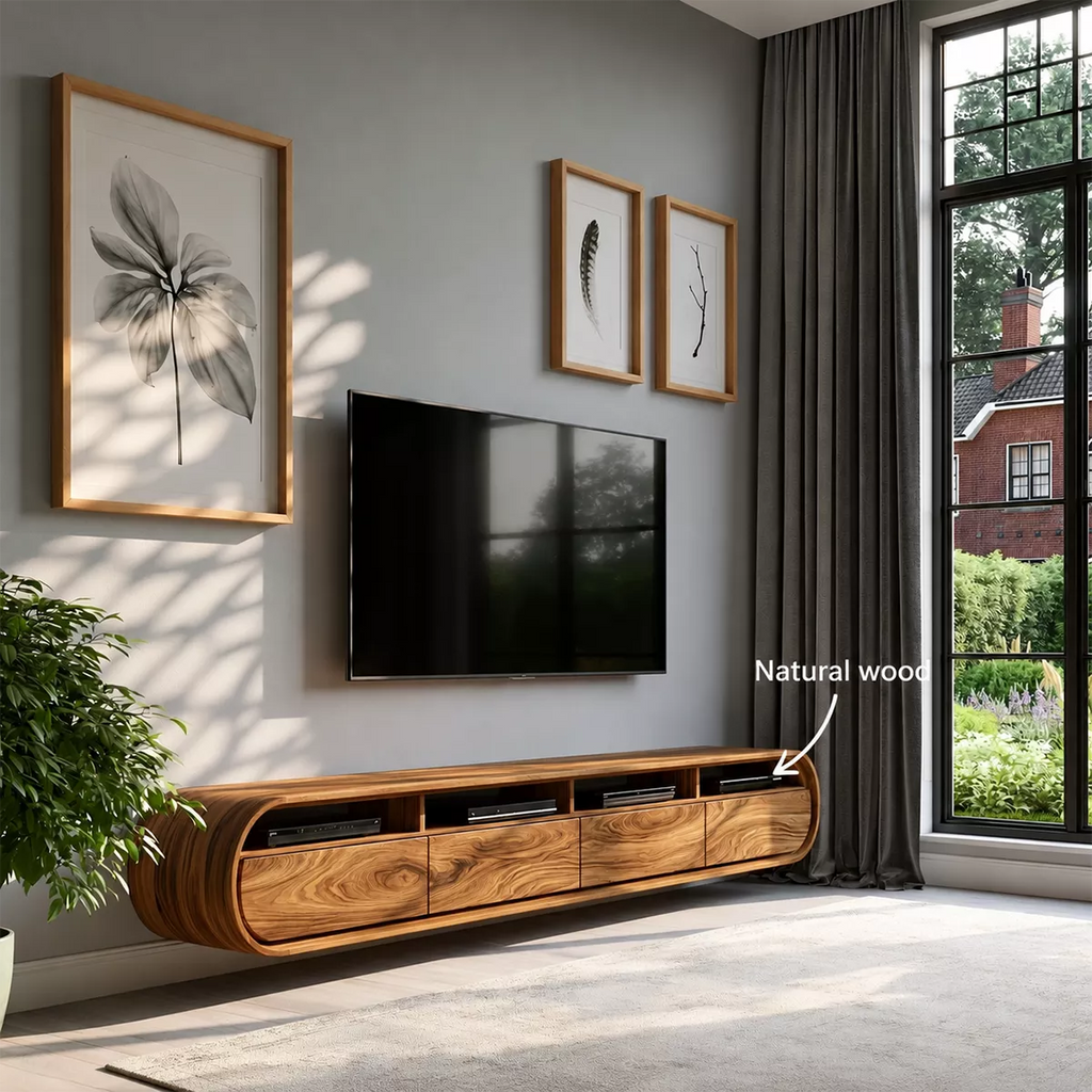 Floating Solid Wood TV Stand With Rounded Capsule Frame For Living Room