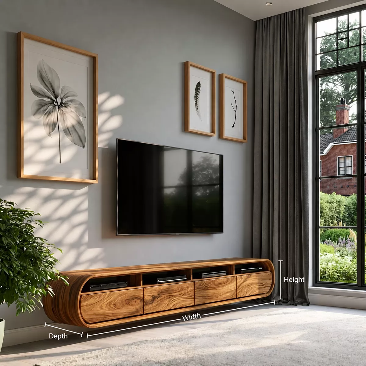 Floating Solid Wood TV Stand With Rounded Capsule Frame For Living Room
