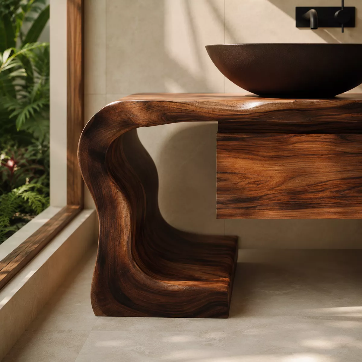 Asymmetrical Solid Wood Bathroom Vanity With Sculptural Curved Side And Floating Drawer Storage