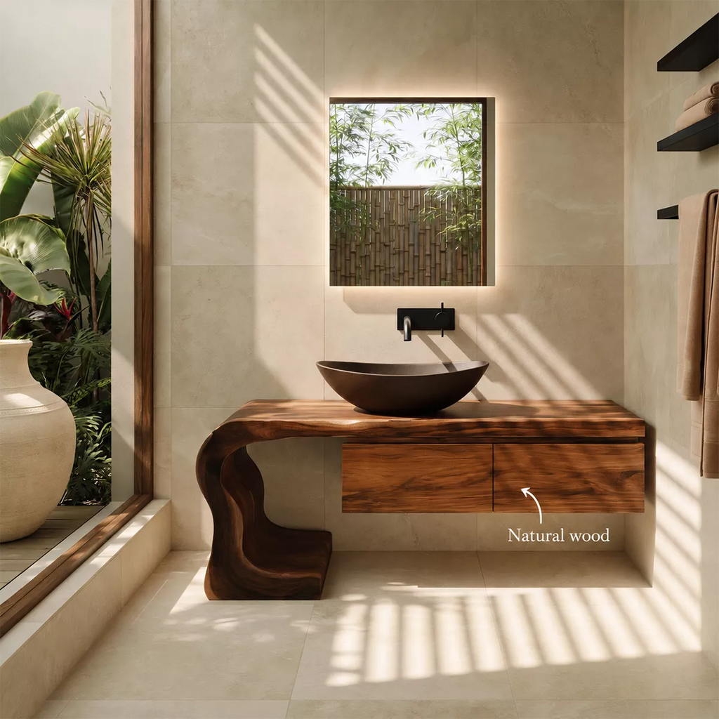 Asymmetrical Solid Wood Bathroom Vanity With Sculptural Curved Side And Floating Drawer Storage