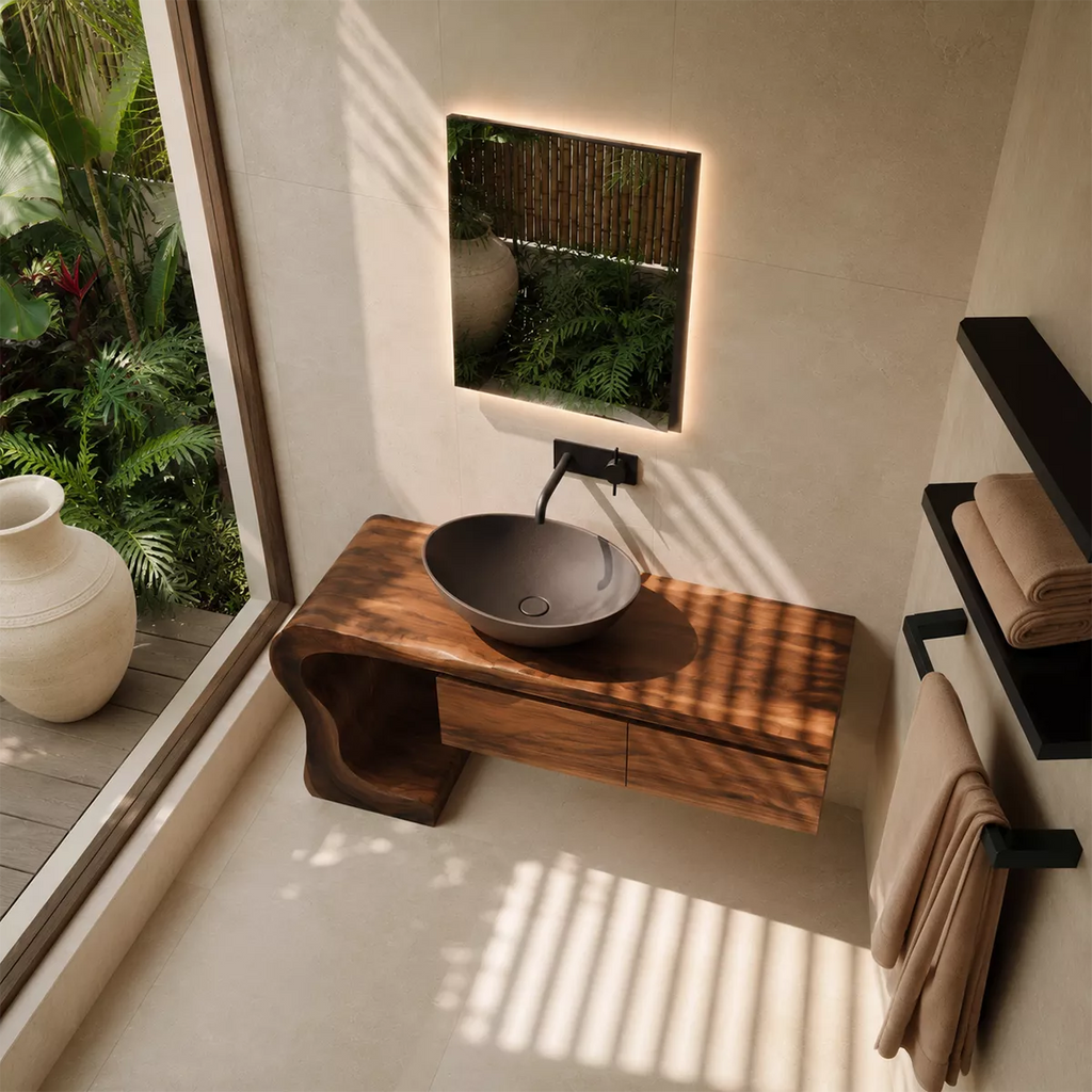 Asymmetrical Solid Wood Bathroom Vanity With Sculptural Curved Side And Floating Drawer Storage