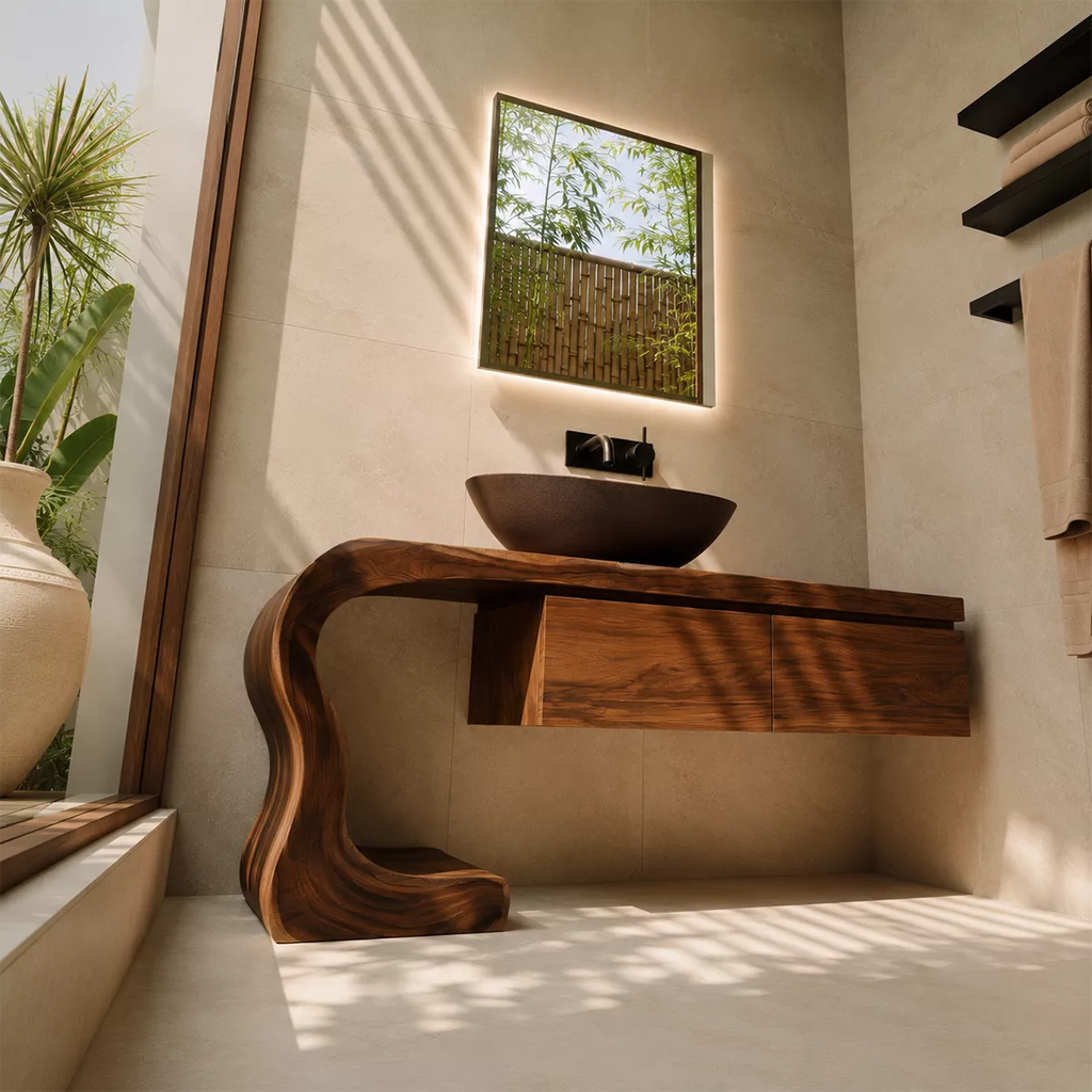 Asymmetrical Solid Wood Bathroom Vanity With Sculptural Curved Side And Floating Drawer Storage
