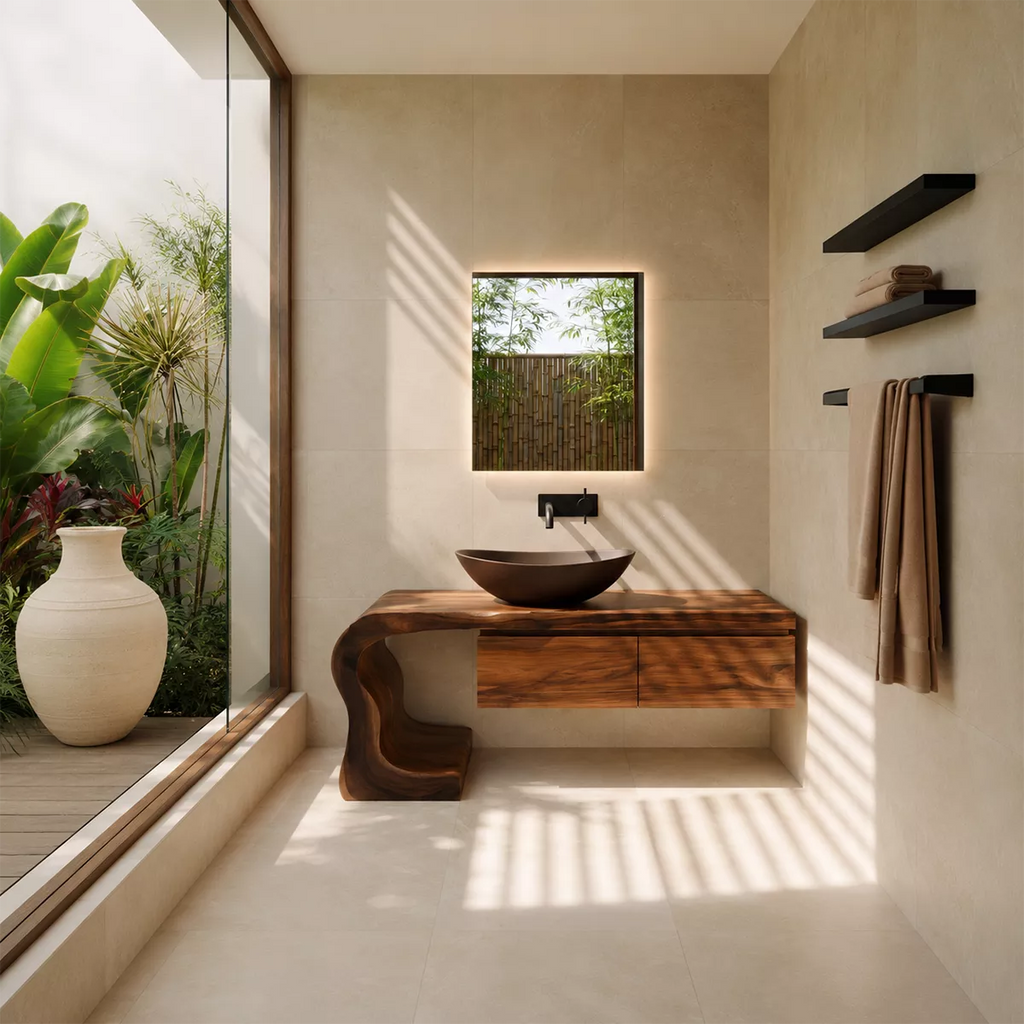 Asymmetrical Solid Wood Bathroom Vanity With Sculptural Curved Side And Floating Drawer Storage