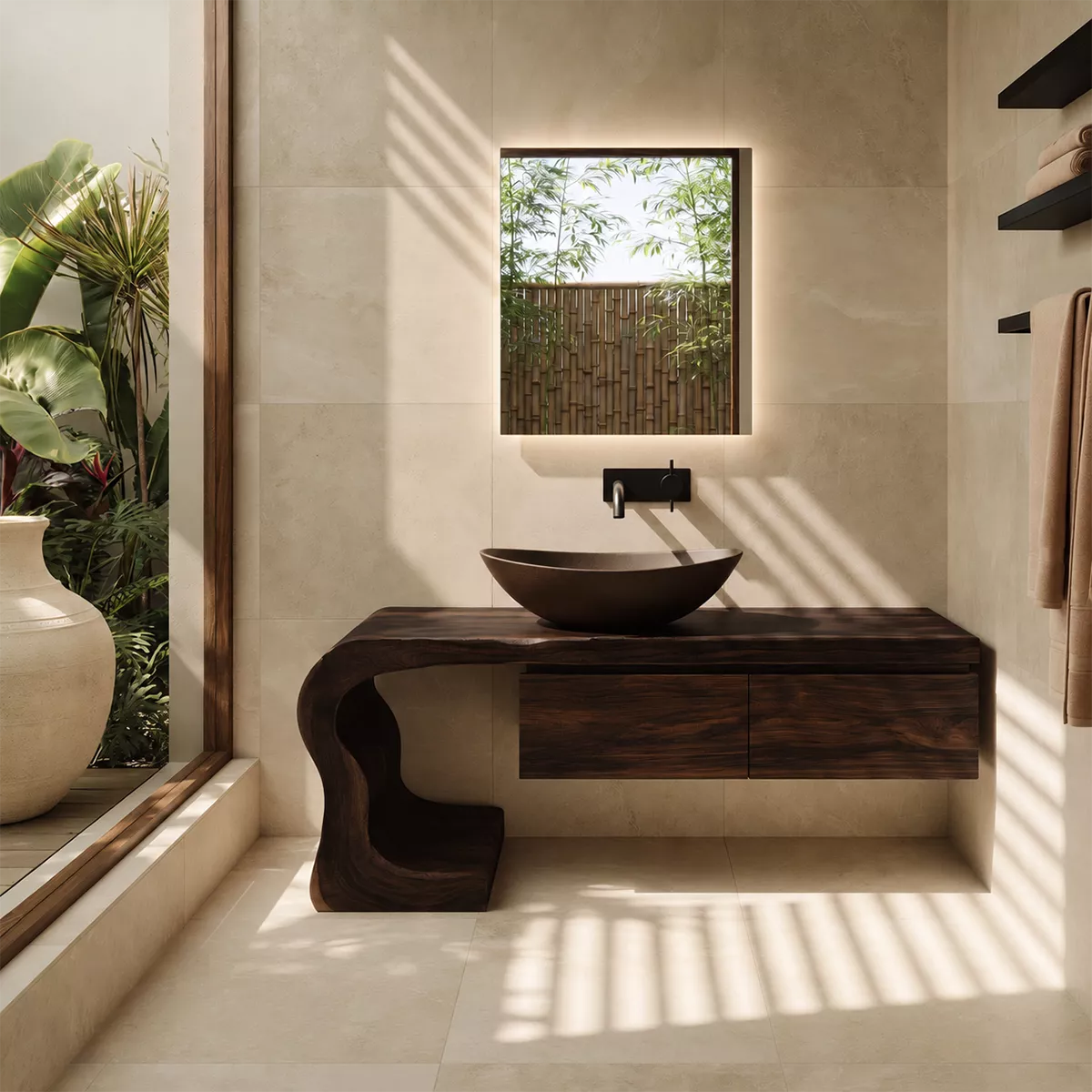 Asymmetrical Solid Wood Bathroom Vanity With Sculptural Curved Side And Floating Drawer Storage