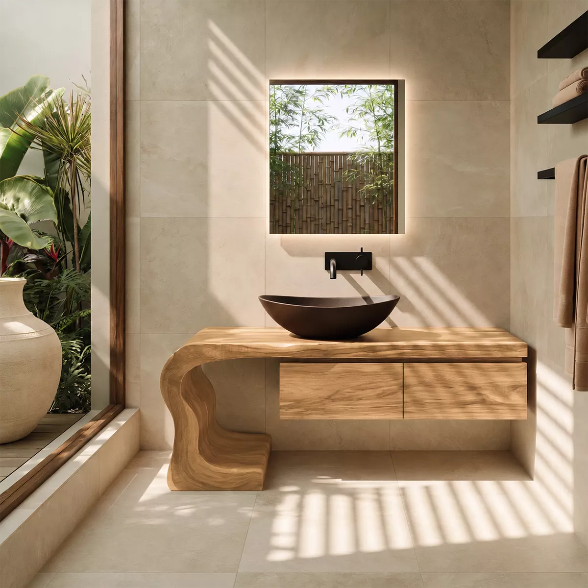Asymmetrical Solid Wood Bathroom Vanity With Sculptural Curved Side And Floating Drawer Storage