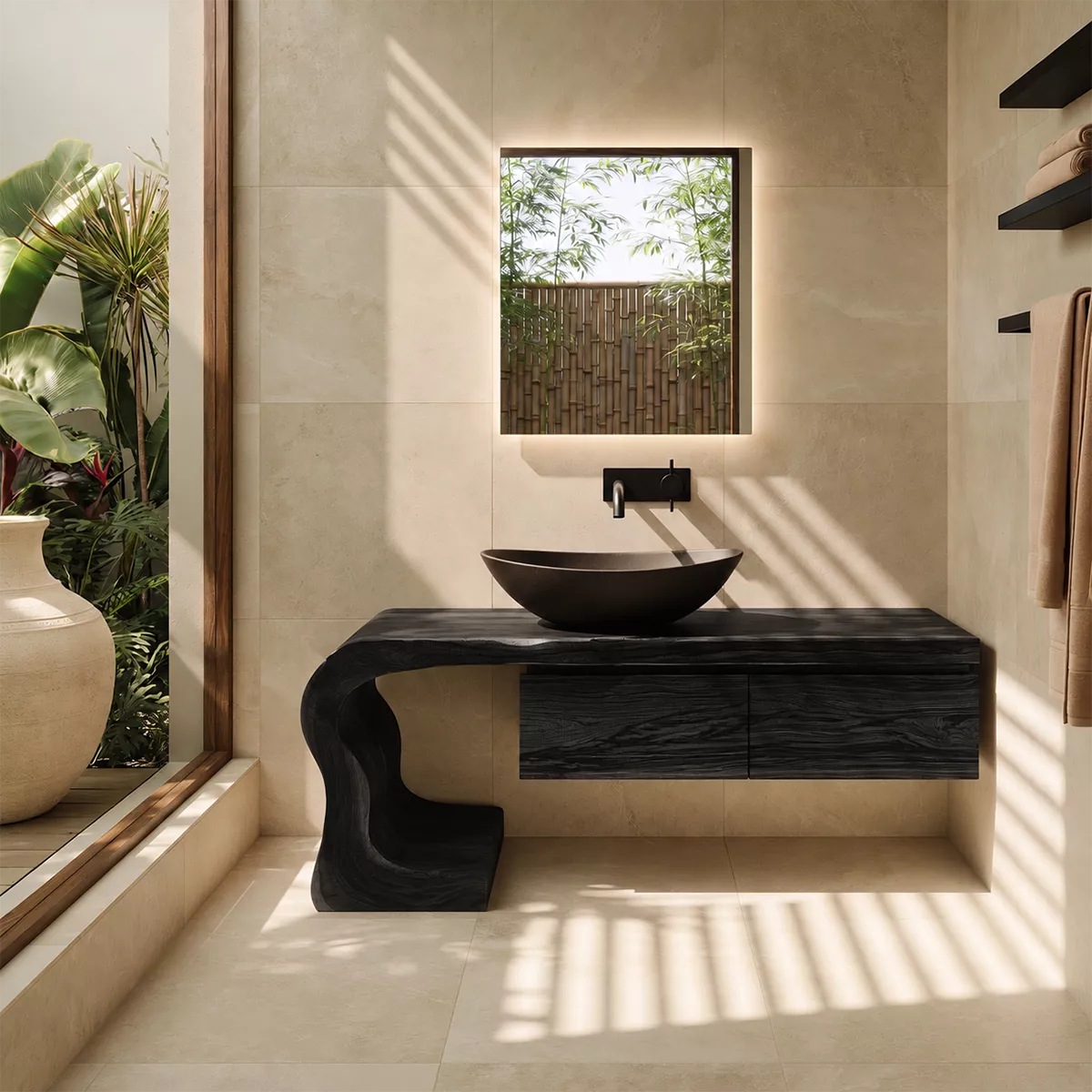 Asymmetrical Solid Wood Bathroom Vanity With Sculptural Curved Side And Floating Drawer Storage