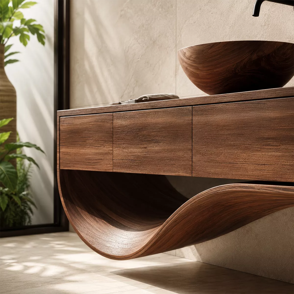 Floating Solid Wood Bathroom Vanity With Sculptural Curved Base And Hidden Drawer Storage