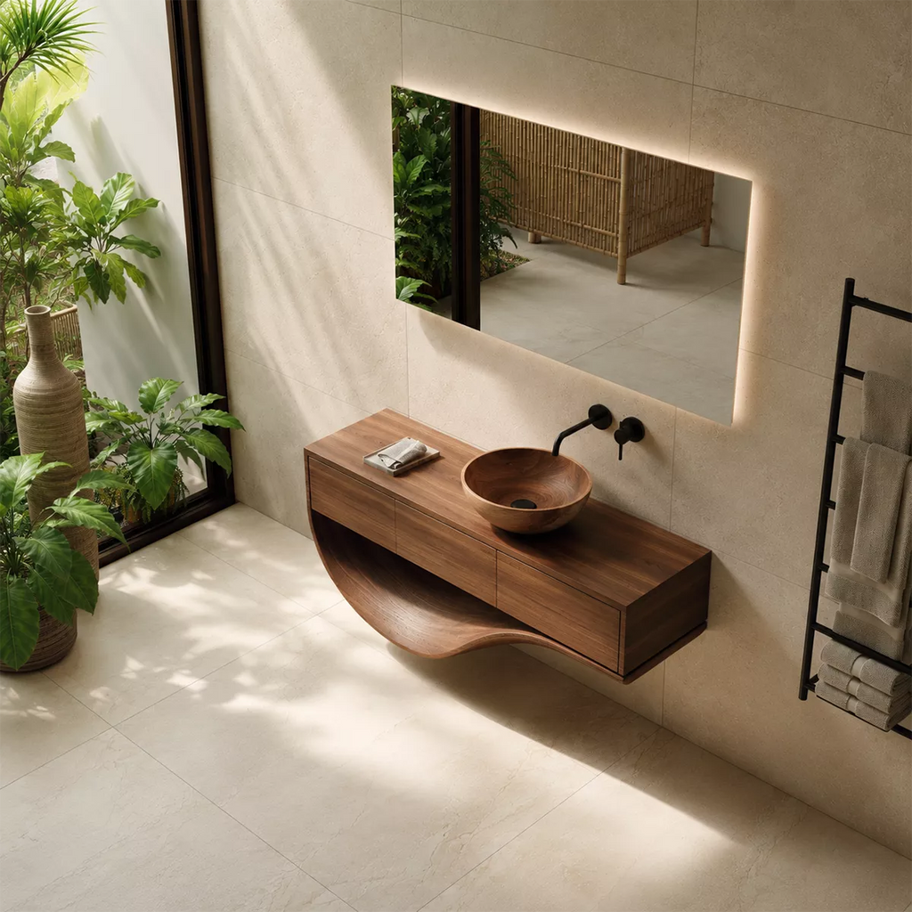 Floating Solid Wood Bathroom Vanity With Sculptural Curved Base And Hidden Drawer Storage
