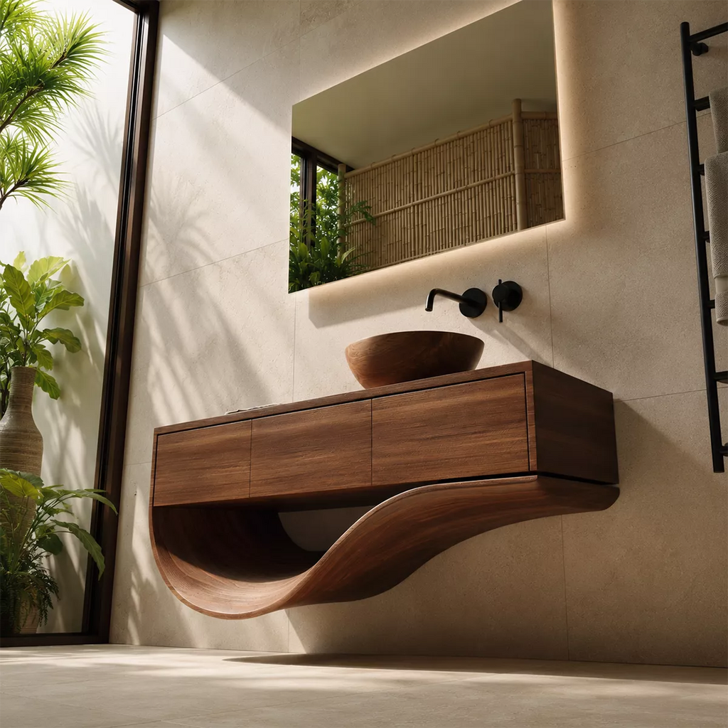 Floating Solid Wood Bathroom Vanity With Sculptural Curved Base And Hidden Drawer Storage