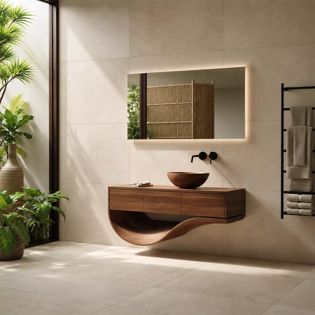 Floating Solid Wood Bathroom Vanity With Sculptural Curved Base And Hidden Drawer Storage
