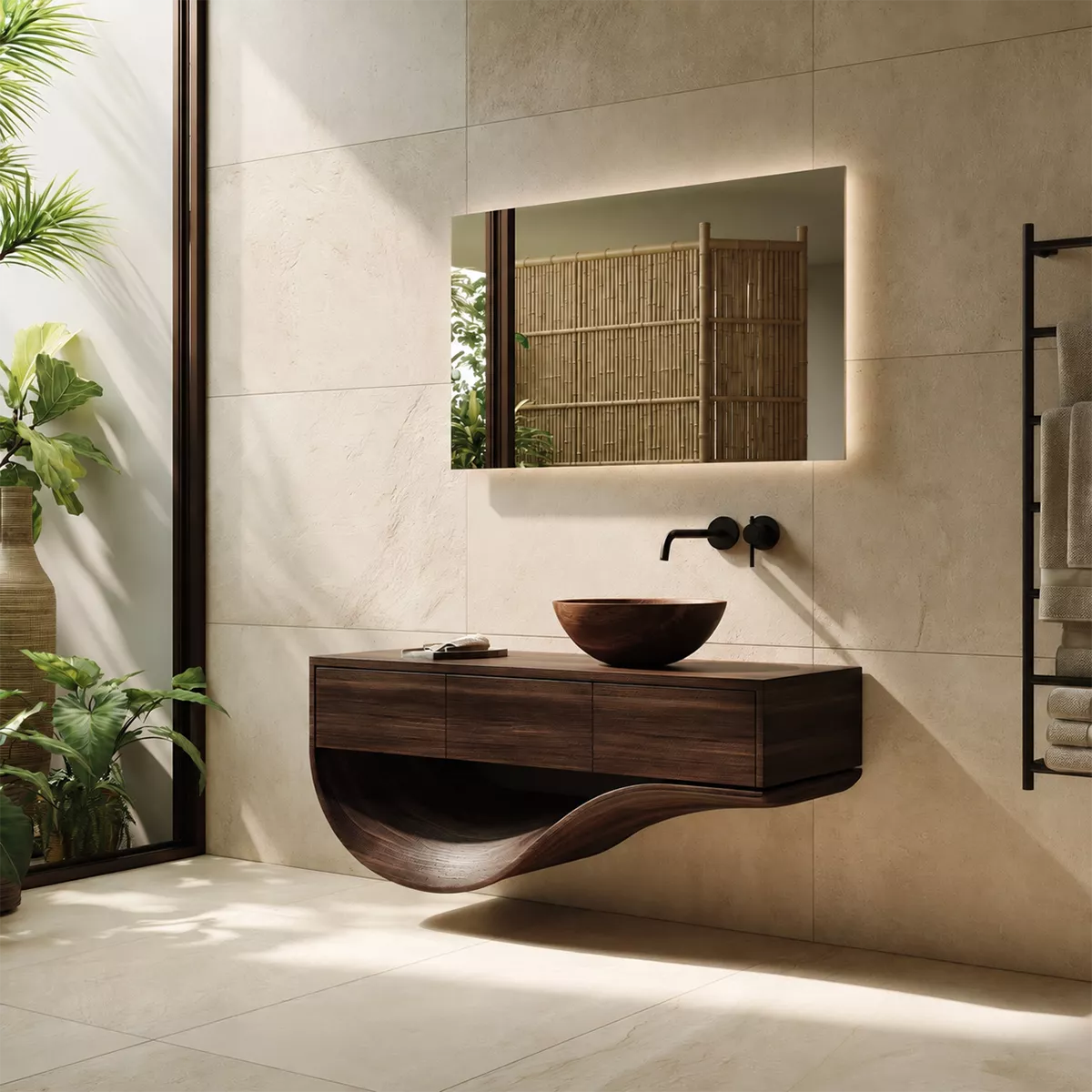 Floating Solid Wood Bathroom Vanity With Sculptural Curved Base And Hidden Drawer Storage