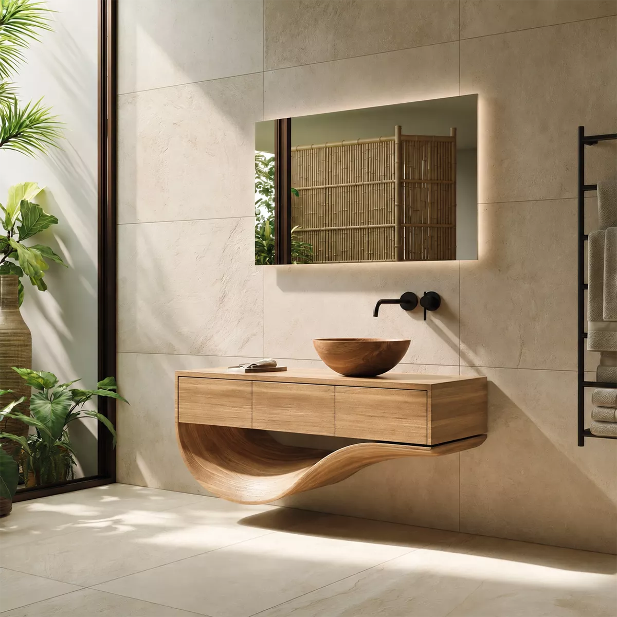Floating Solid Wood Bathroom Vanity With Sculptural Curved Base And Hidden Drawer Storage