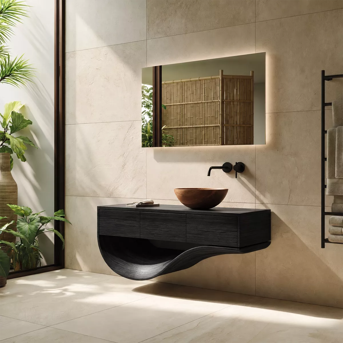 Floating Solid Wood Bathroom Vanity With Sculptural Curved Base And Hidden Drawer Storage