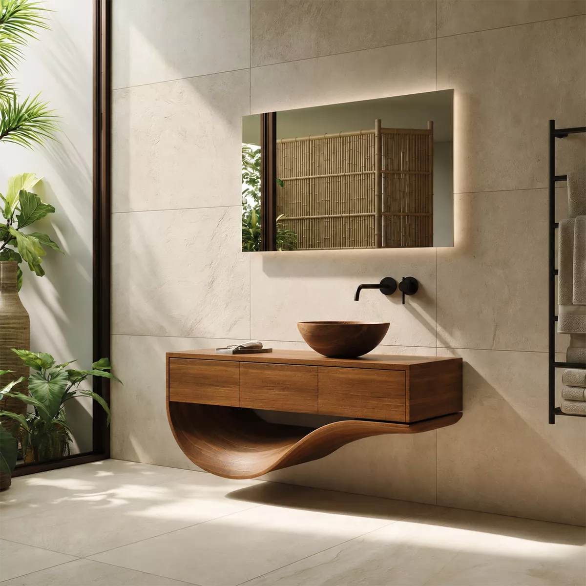 Floating Solid Wood Bathroom Vanity With Sculptural Curved Base And Hidden Drawer Storage