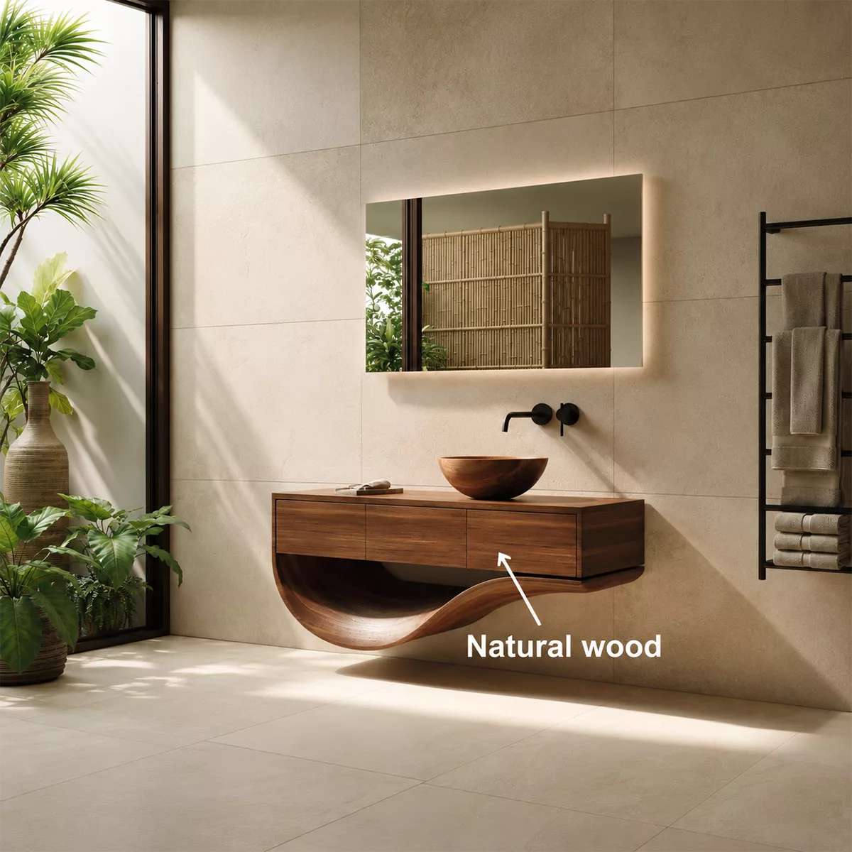 Floating Solid Wood Bathroom Vanity With Sculptural Curved Base And Hidden Drawer Storage