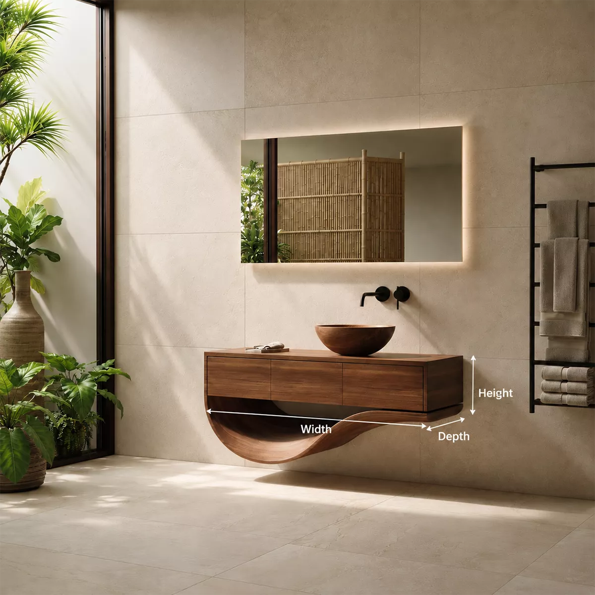 Floating Solid Wood Bathroom Vanity With Sculptural Curved Base And Hidden Drawer Storage