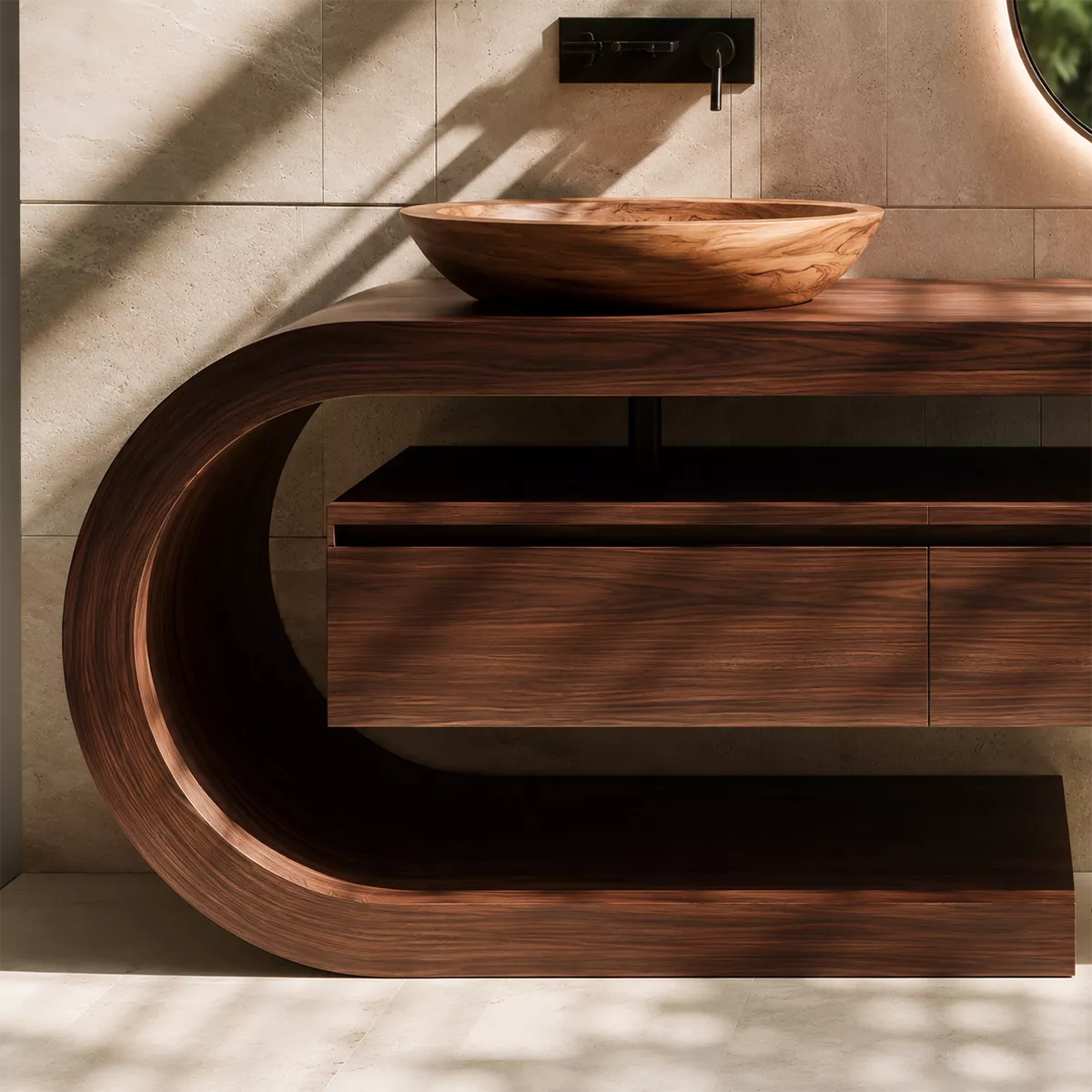 Floating Walnut Wood Bathroom Vanity With Curved C Frame And Hidden Drawer Storage