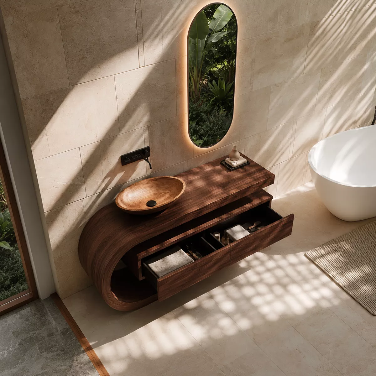 Floating Walnut Wood Bathroom Vanity With Curved C Frame And Hidden Drawer Storage