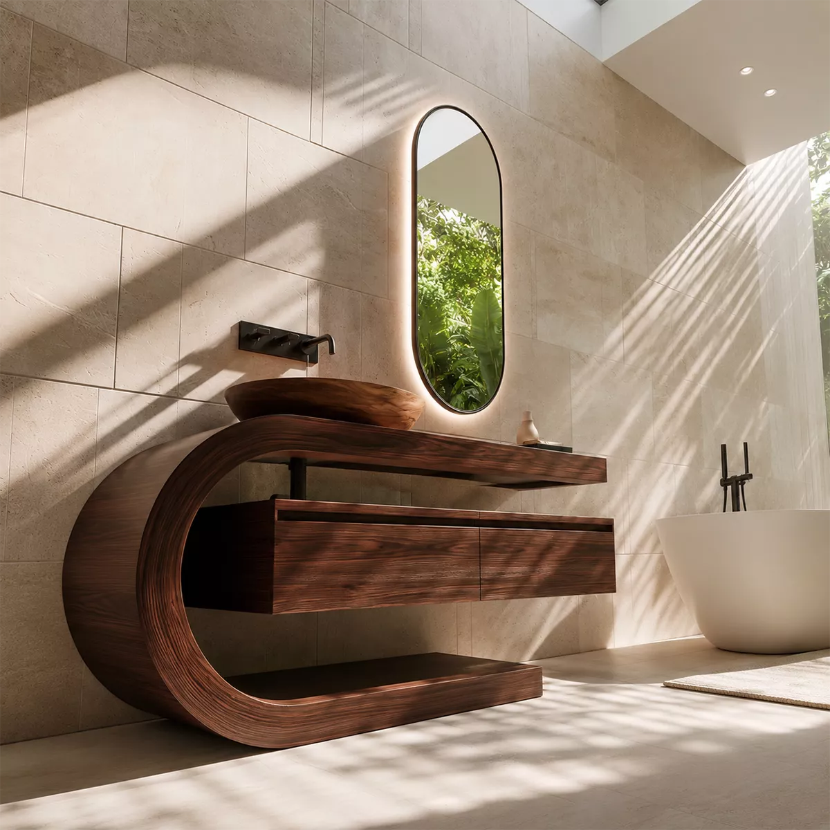 Floating Walnut Wood Bathroom Vanity With Curved C Frame And Hidden Drawer Storage