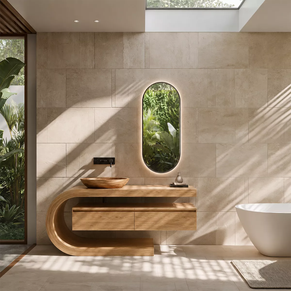 Floating Walnut Wood Bathroom Vanity With Curved C Frame And Hidden Drawer Storage