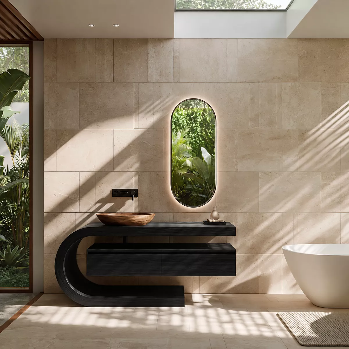 Floating Walnut Wood Bathroom Vanity With Curved C Frame And Hidden Drawer Storage