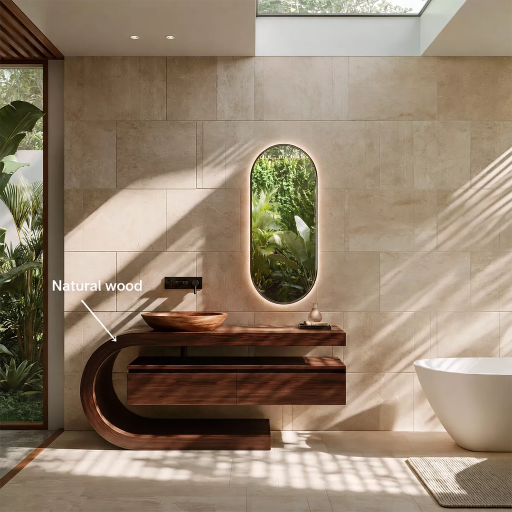 Floating Walnut Wood Bathroom Vanity With Curved C Frame And Hidden Drawer Storage