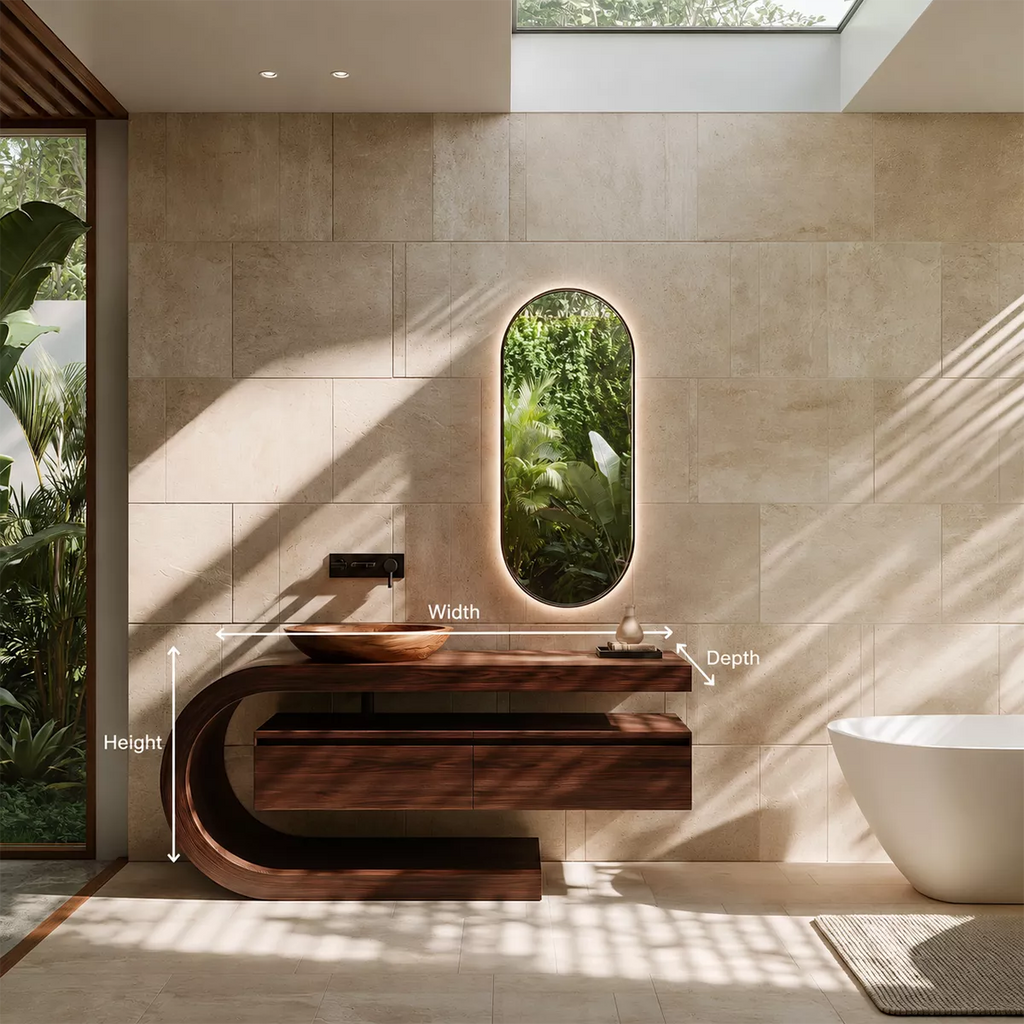 Floating Walnut Wood Bathroom Vanity With Curved C Frame And Hidden Drawer Storage