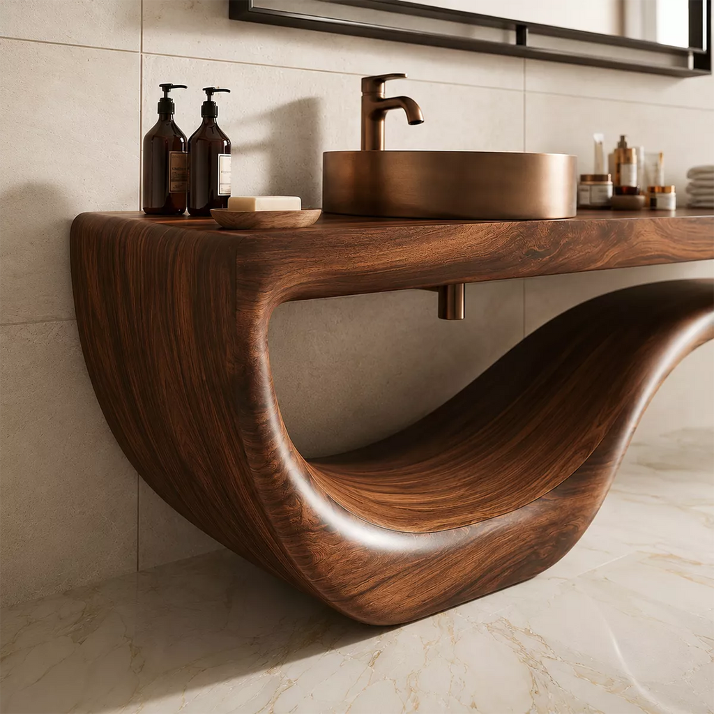Sculptural Floating Solid Wood Bathroom Vanity With Wave Base And Open Shelf Storage