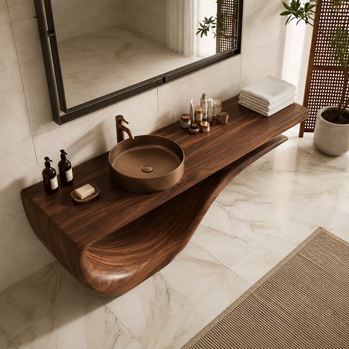 Sculptural Floating Solid Wood Bathroom Vanity With Wave Base And Open Shelf Storage