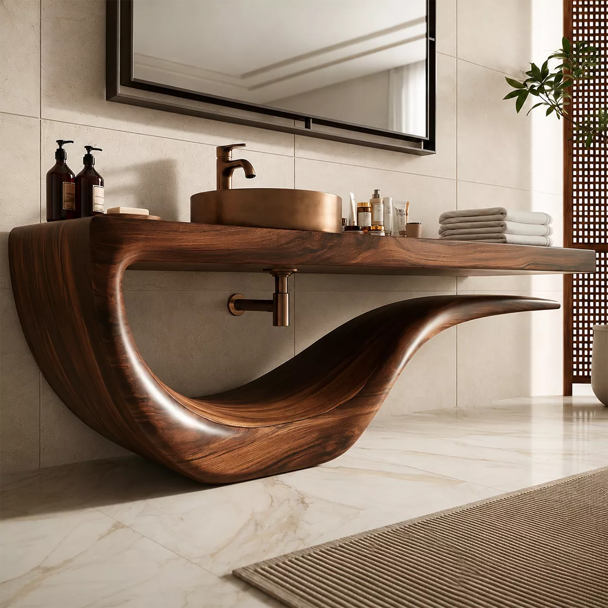 Sculptural Floating Solid Wood Bathroom Vanity With Wave Base And Open Shelf Storage
