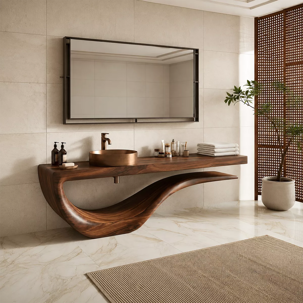 Sculptural Floating Solid Wood Bathroom Vanity With Wave Base And Open Shelf Storage