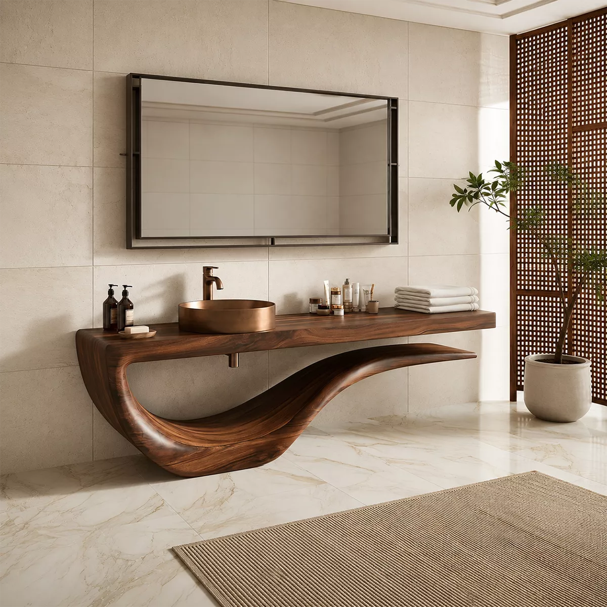 Sculptural Floating Solid Wood Bathroom Vanity With Wave Base And Open Shelf Storage