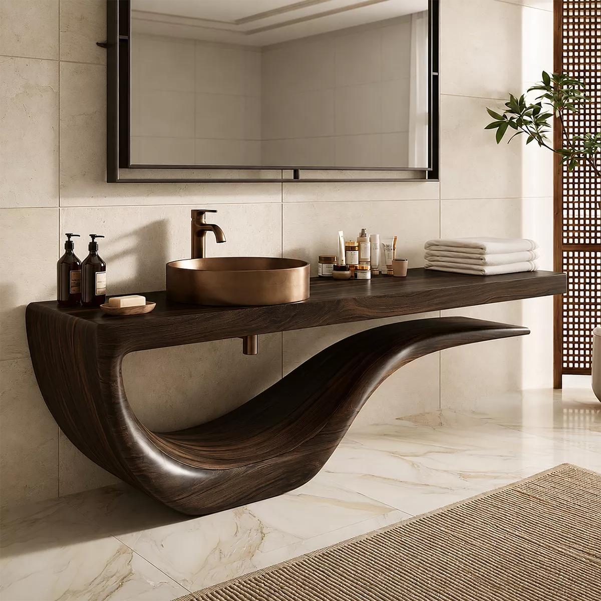 Sculptural Floating Solid Wood Bathroom Vanity With Wave Base And Open Shelf Storage