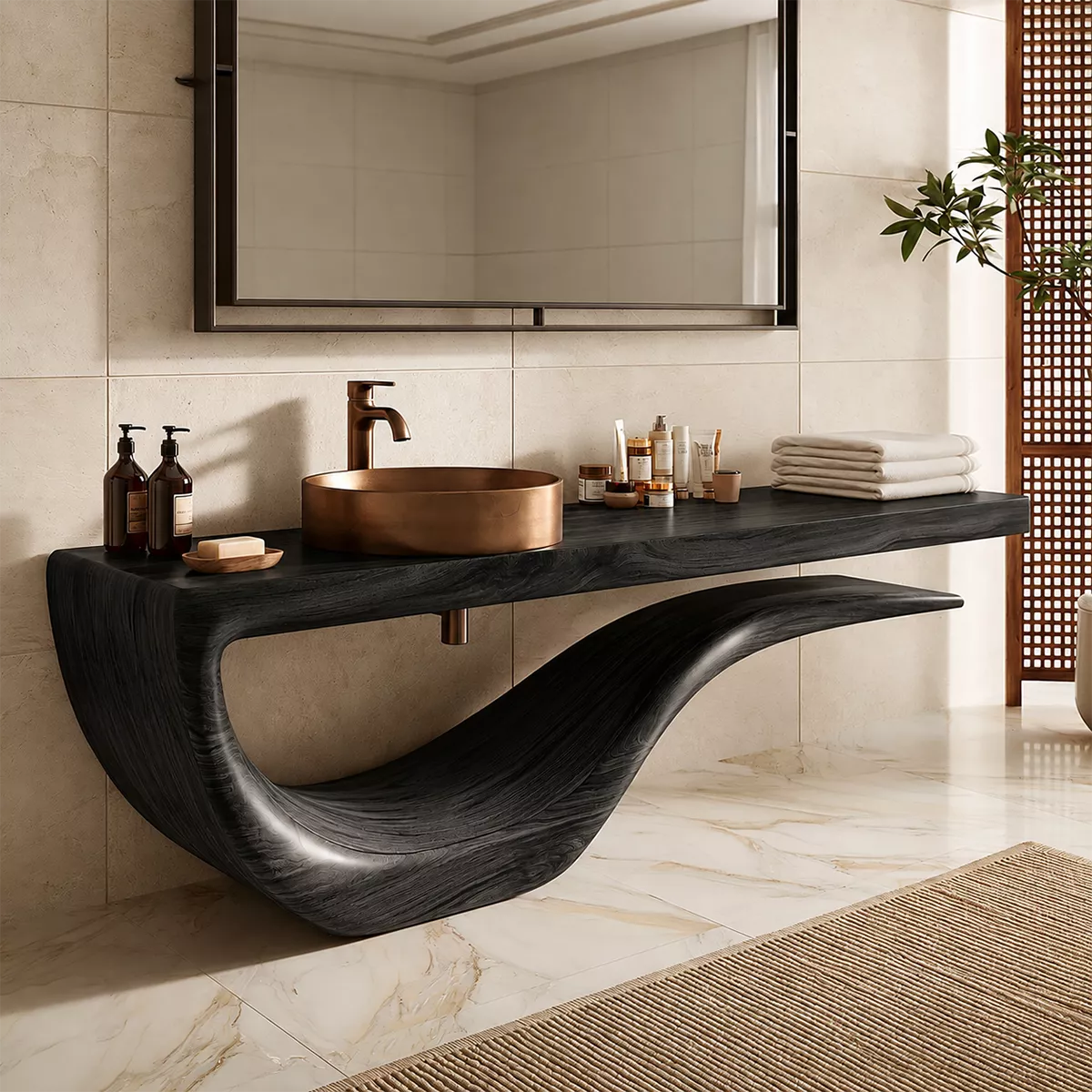 Sculptural Floating Solid Wood Bathroom Vanity With Wave Base And Open Shelf Storage