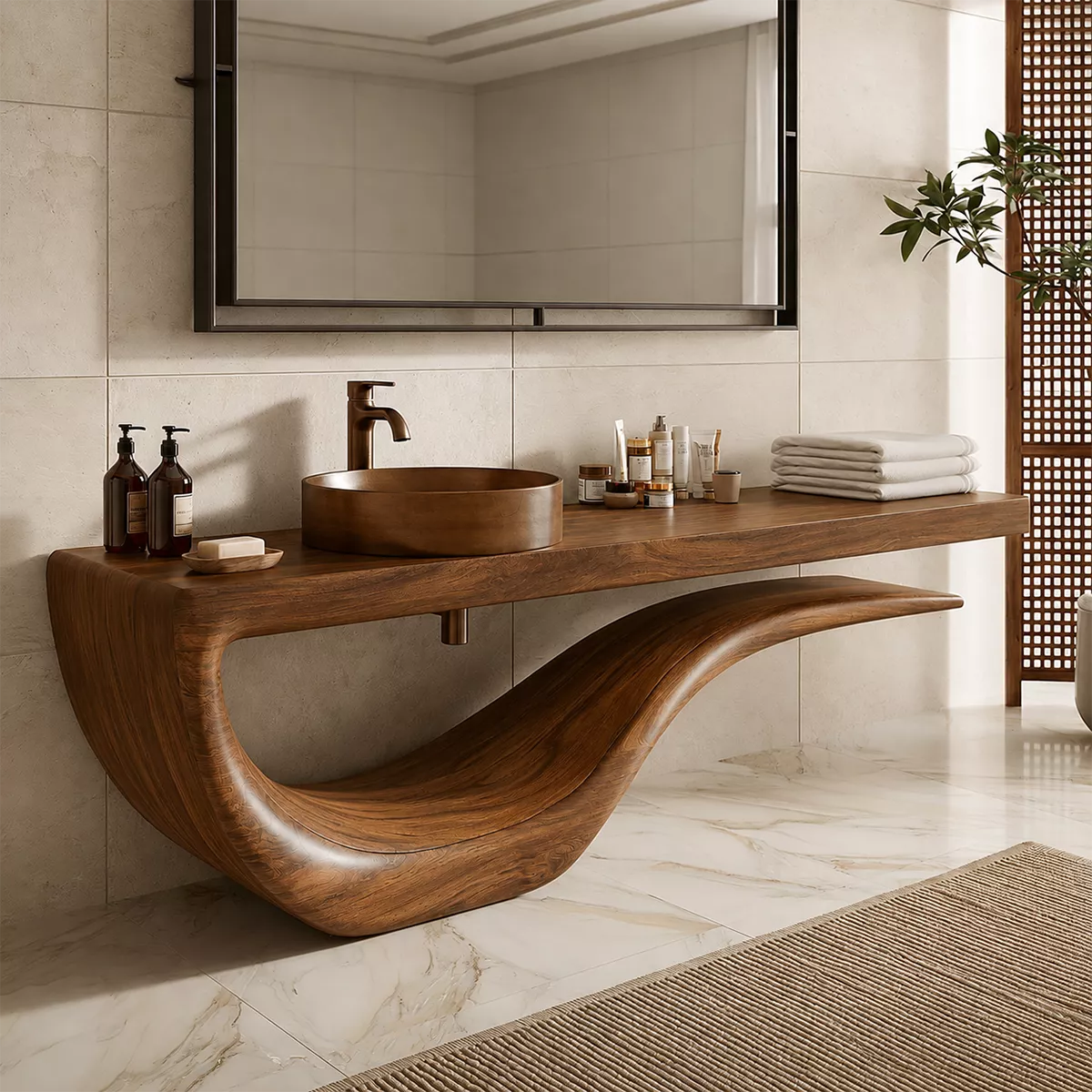 Sculptural Floating Solid Wood Bathroom Vanity With Wave Base And Open Shelf Storage