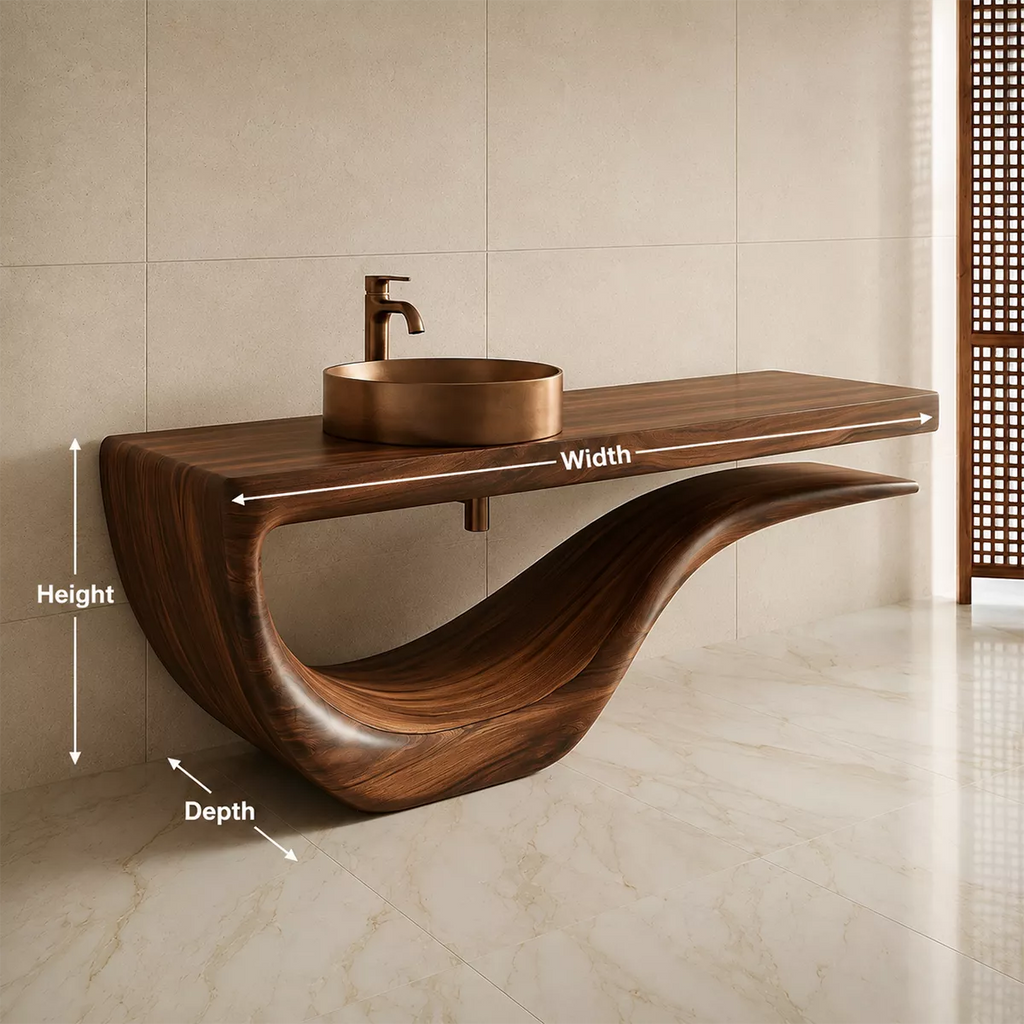 Sculptural Floating Solid Wood Bathroom Vanity With Wave Base And Open Shelf Storage