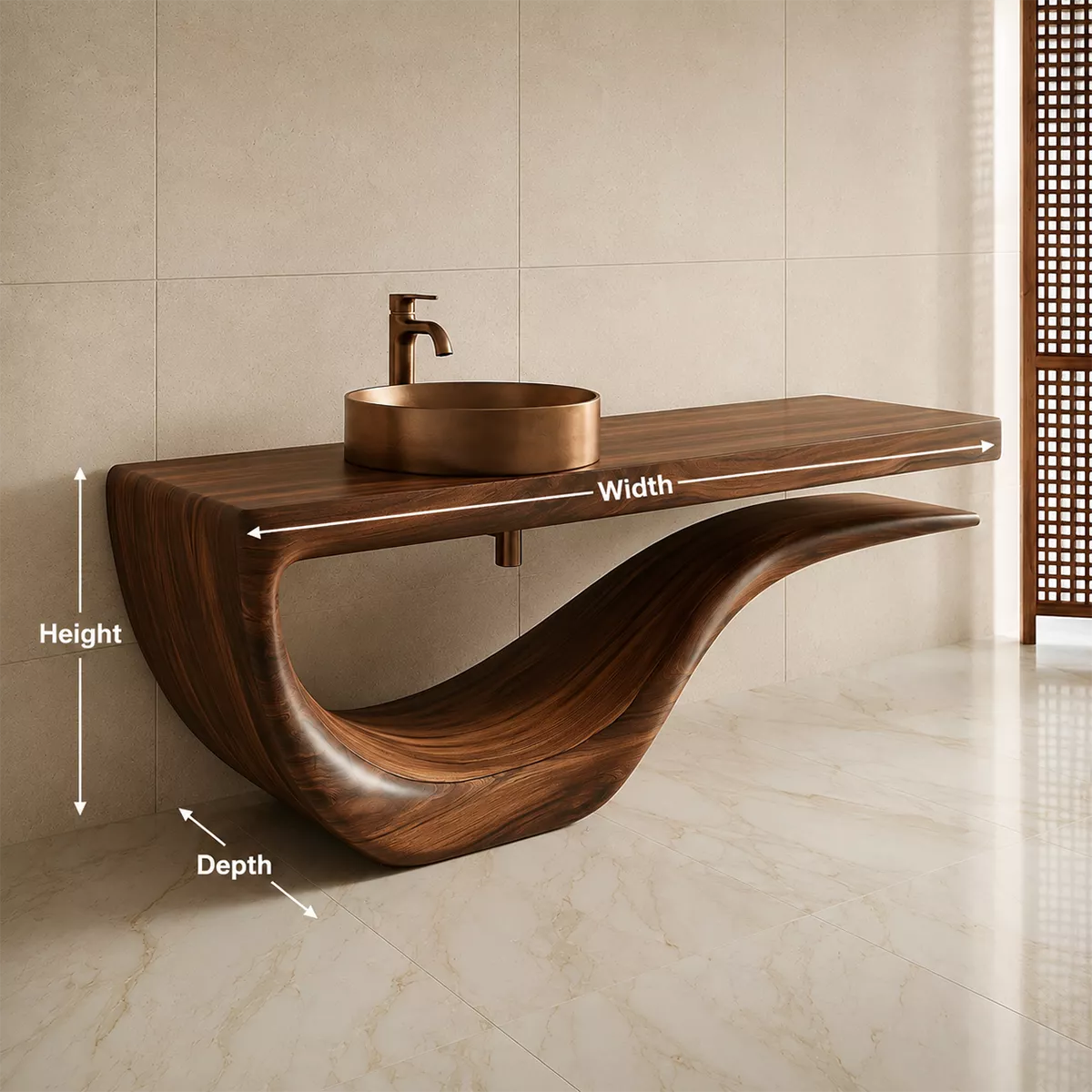Sculptural Floating Solid Wood Bathroom Vanity With Wave Base And Open Shelf Storage