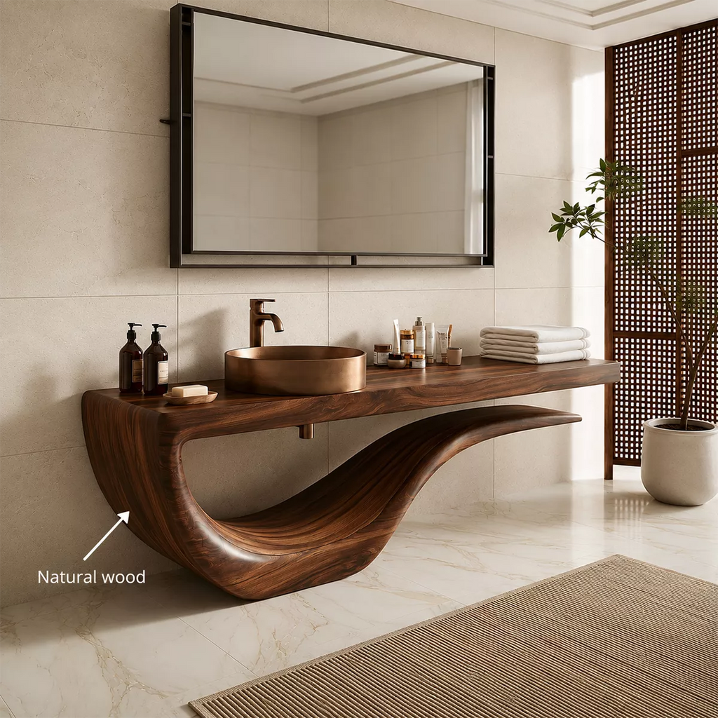 Sculptural Floating Solid Wood Bathroom Vanity With Wave Base And Open Shelf Storage