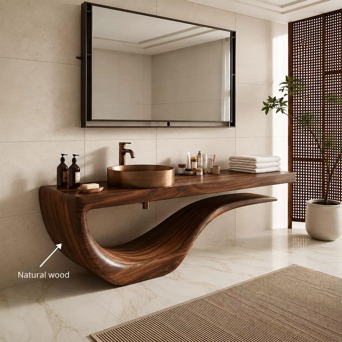 Sculptural Floating Solid Wood Bathroom Vanity With Wave Base And Open Shelf Storage
