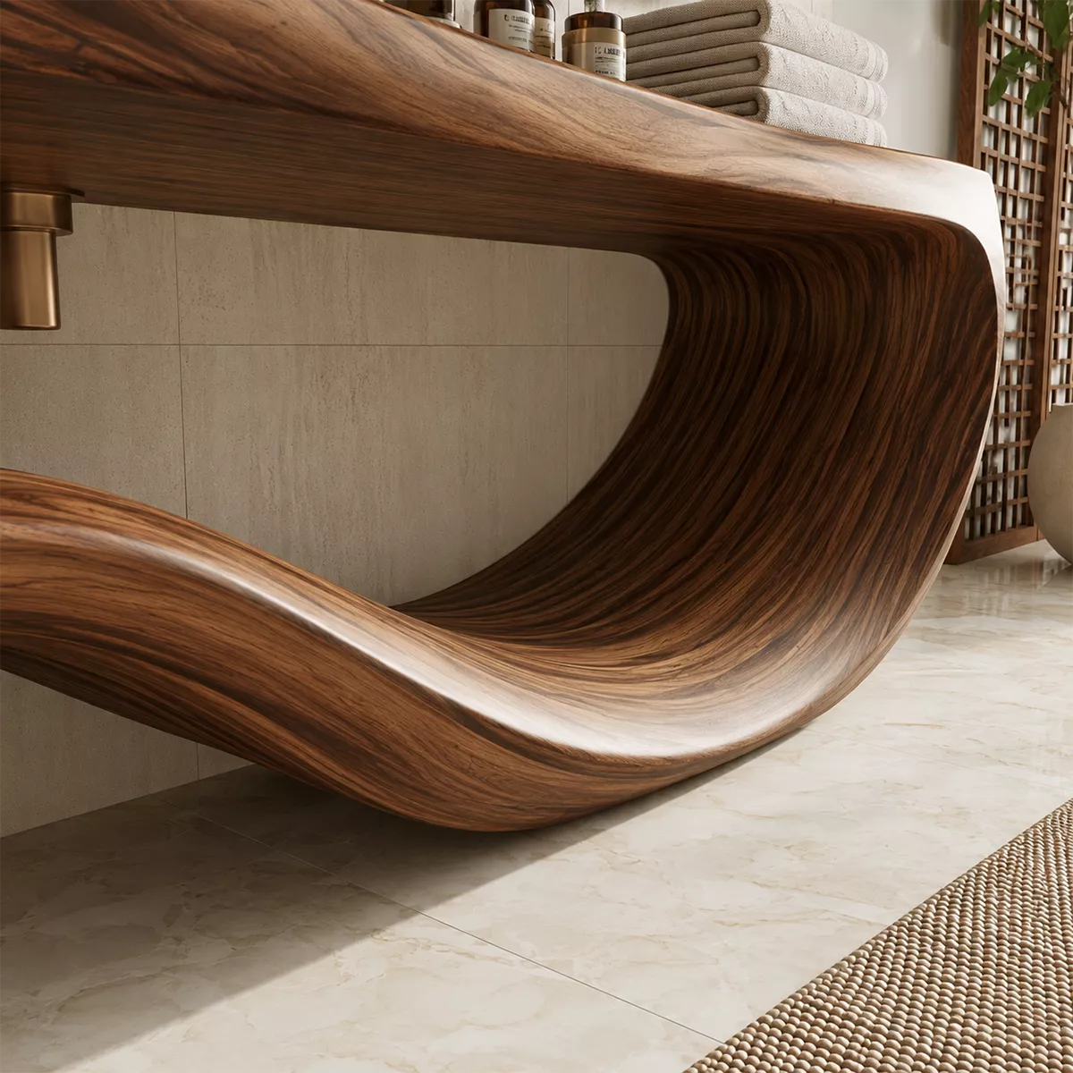 Sculptural Floating Solid Wood Bathroom Vanity With Large Wave Base And Natural Wood Grain