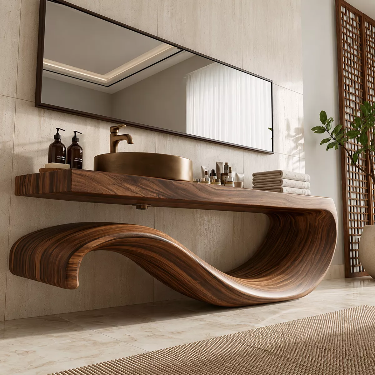Sculptural Floating Solid Wood Bathroom Vanity With Large Wave Base And Natural Wood Grain