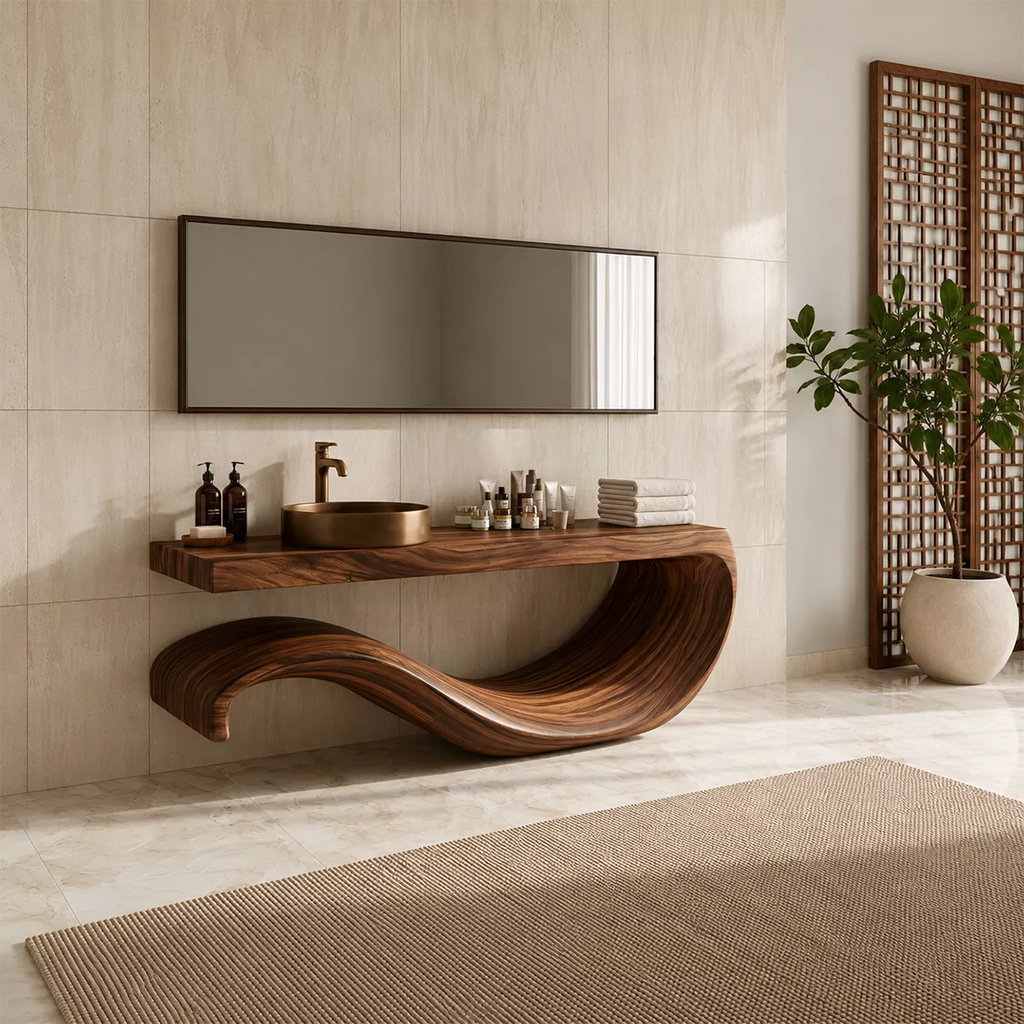 Sculptural Floating Solid Wood Bathroom Vanity With Large Wave Base And Natural Wood Grain