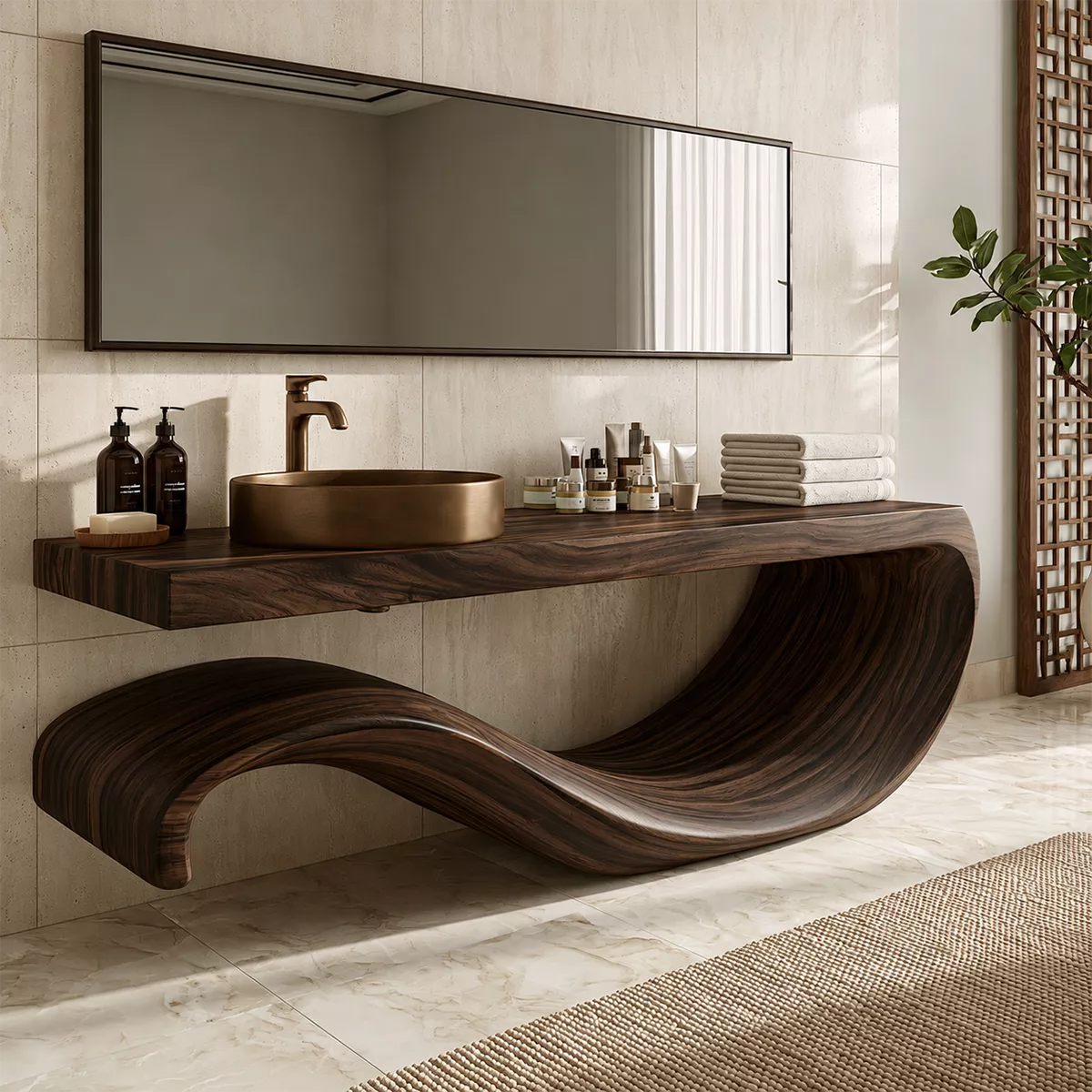 Sculptural Floating Solid Wood Bathroom Vanity With Large Wave Base And Natural Wood Grain