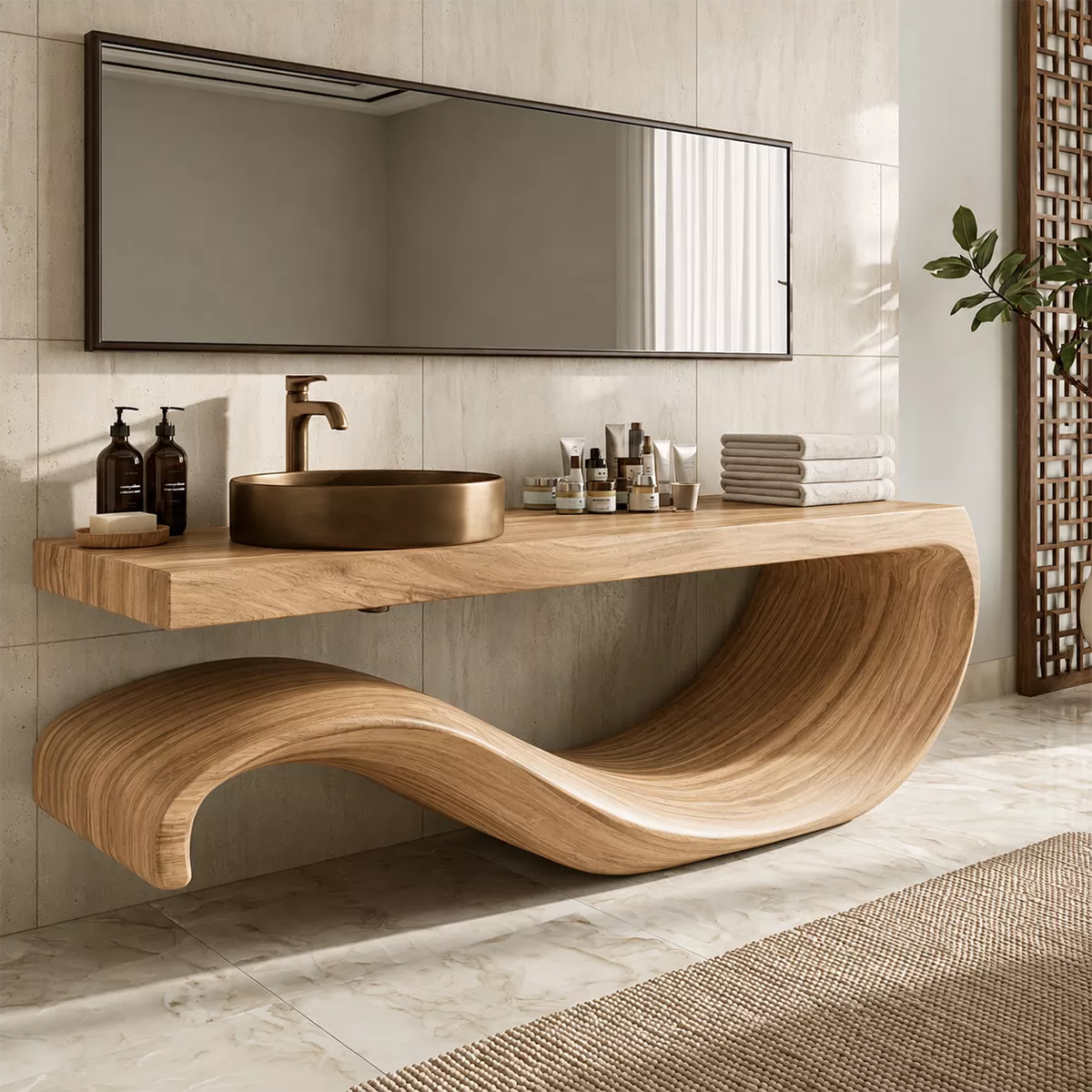 Sculptural Floating Solid Wood Bathroom Vanity With Large Wave Base And Natural Wood Grain
