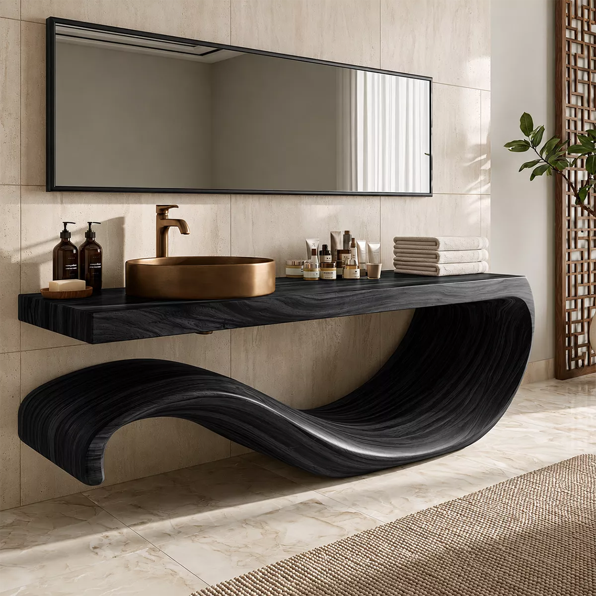 Sculptural Floating Solid Wood Bathroom Vanity With Large Wave Base And Natural Wood Grain