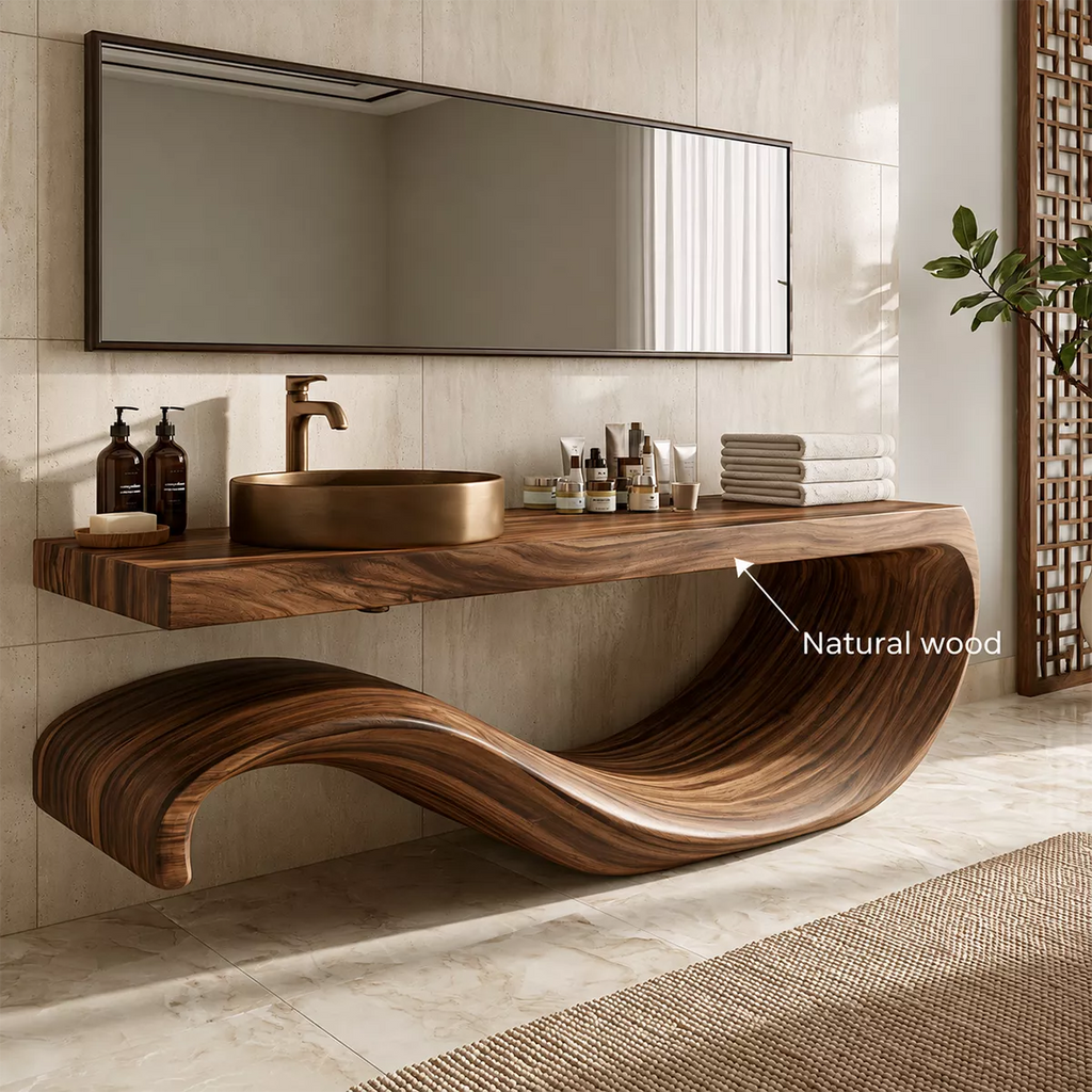Sculptural Floating Solid Wood Bathroom Vanity With Large Wave Base And Natural Wood Grain