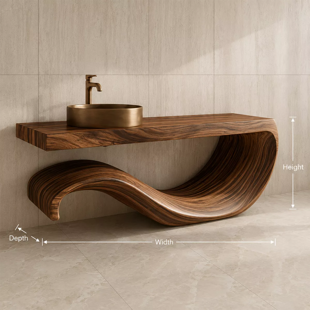 Sculptural Floating Solid Wood Bathroom Vanity With Large Wave Base And Natural Wood Grain