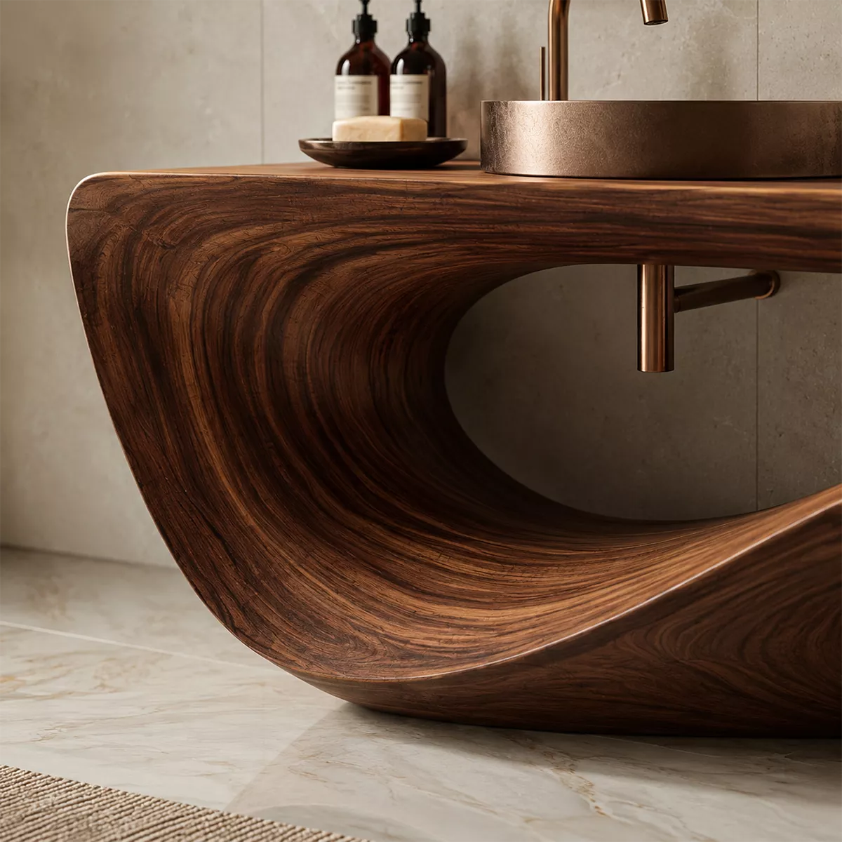 Sculptural Solid Wood Bathroom Vanity With Flowing Wave Base And Natural Wood Grain