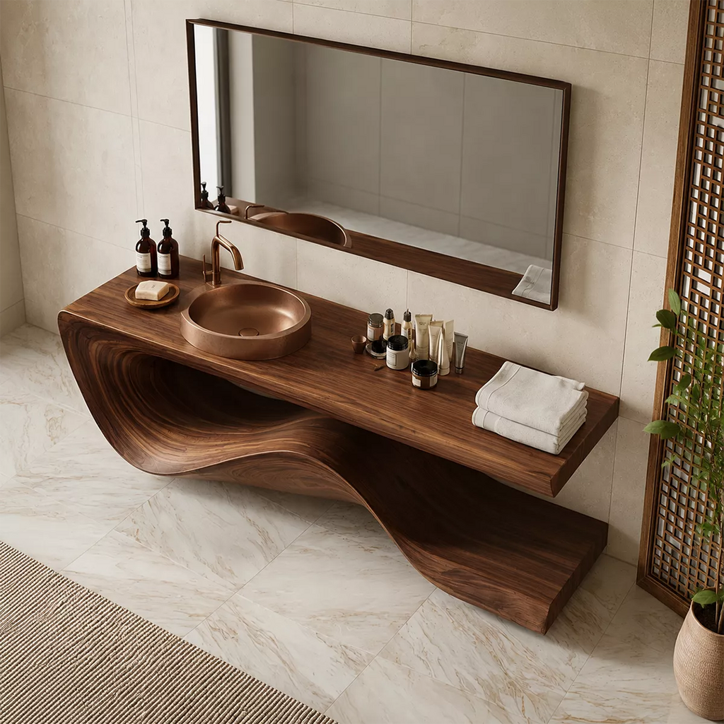 Sculptural Solid Wood Bathroom Vanity With Flowing Wave Base And Natural Wood Grain